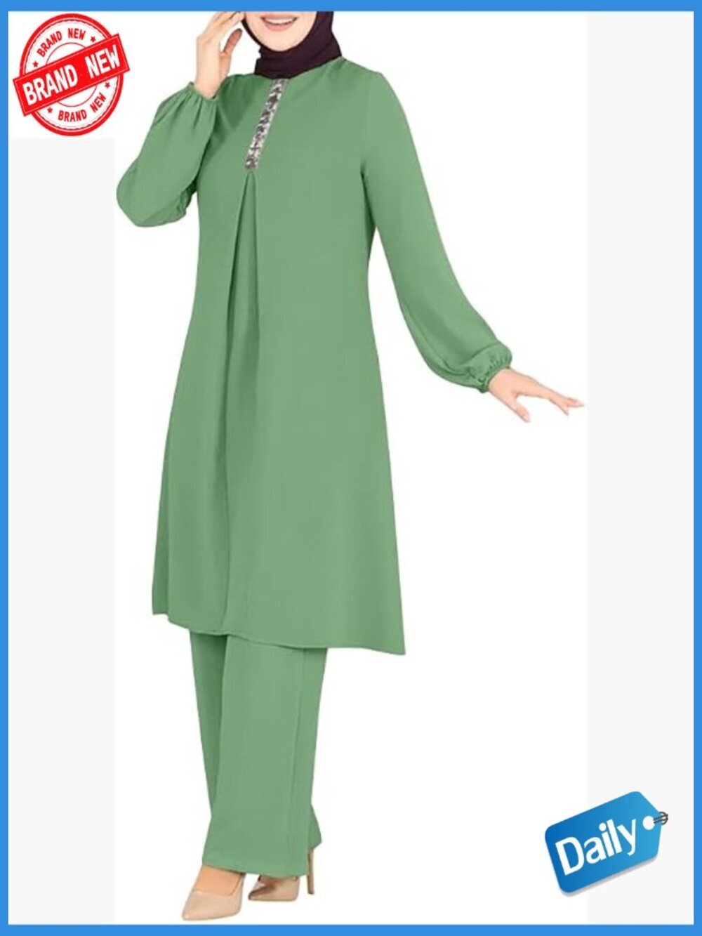 Women Muslim 2 Piece Abaya Set Long Sleeve Top Wide Leg Pants